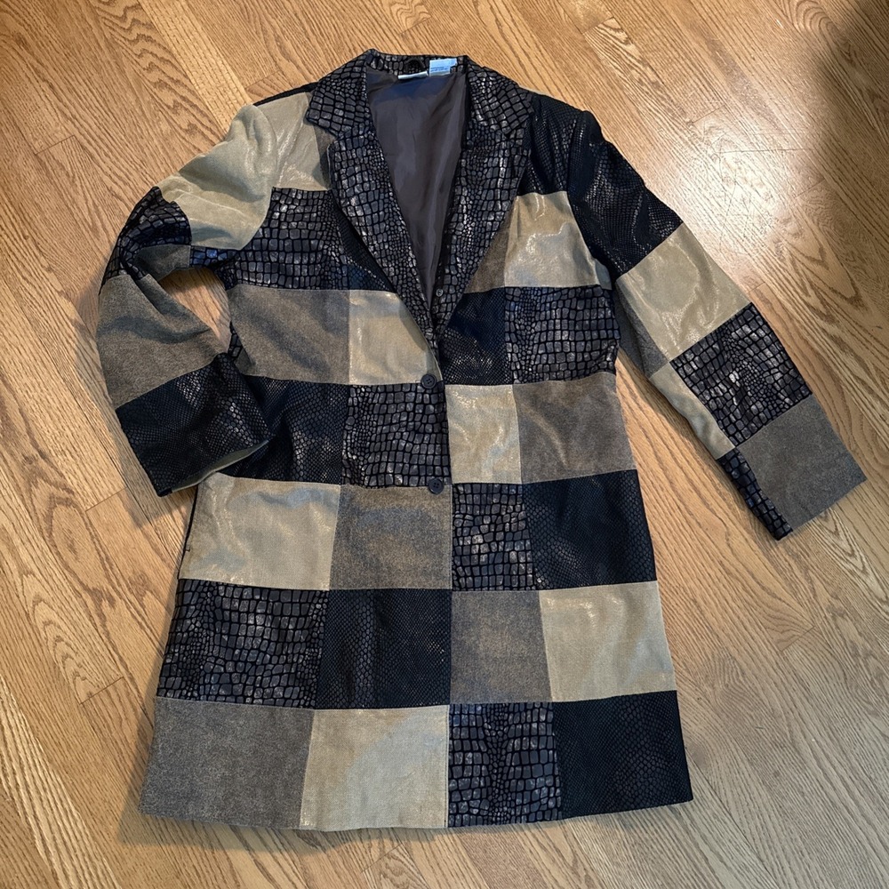 Patchwork Leather Coat M Brown Black Long Jacket Western Boho Y2K 90s Colorblock